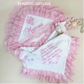 Крижма для дівчинки з вишивкою "Рожева казка" + торбинка